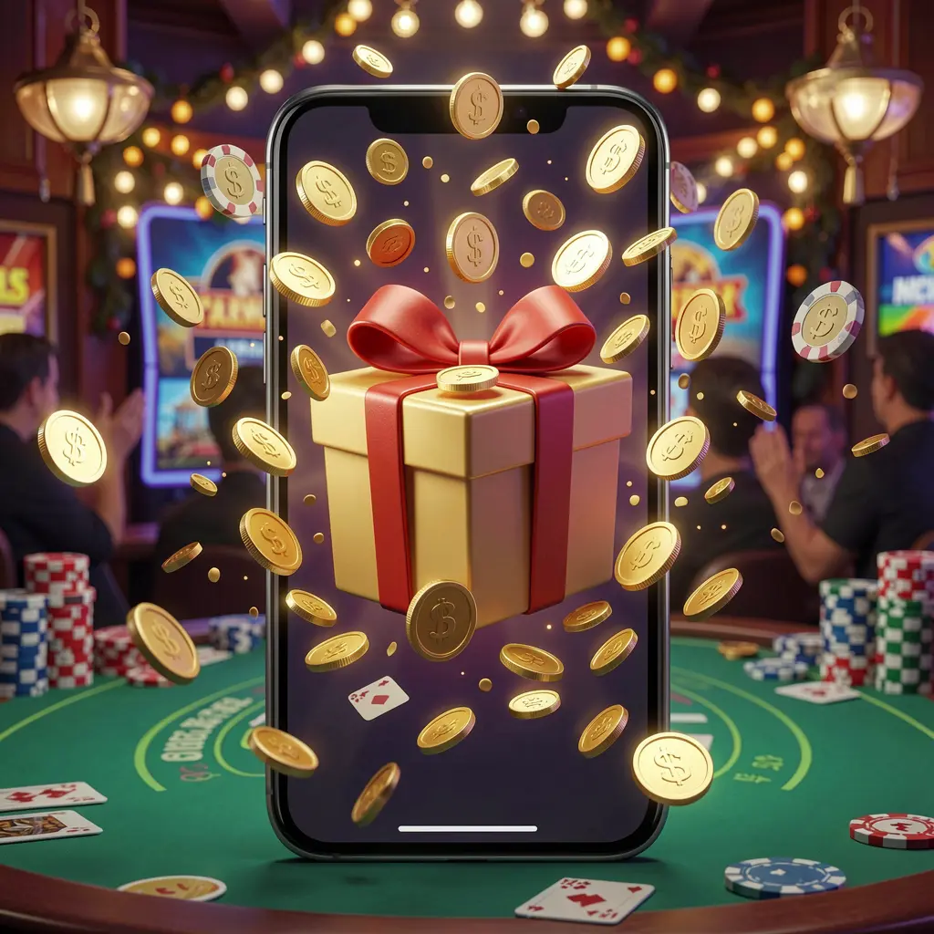 TKJJ mobile casino bonus app concept showing a phone screen with a gift box and coins bursting out in a festive casino atmosphere