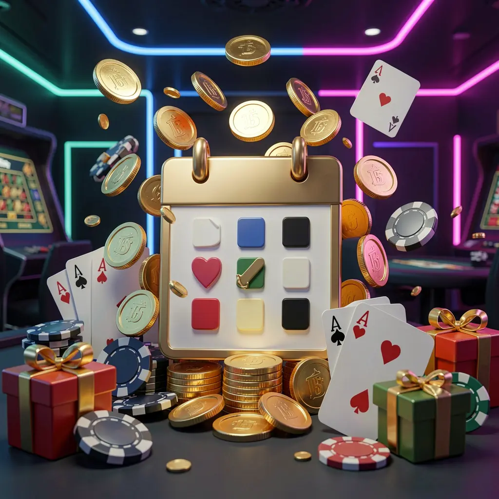 TKJJ weekly online casino bonus concept showing a calendar icon surrounded by golden coins, gift boxes, poker chips, and playing cards in a festive casino atmosphere with dark modern background and neon lights