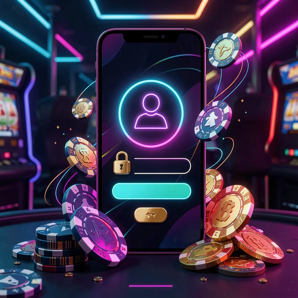 TKJJ mobile gaming login page concept showing a smartphone with an abstract login interface featuring user and lock icons, surrounded by casino chips and coins under luxury neon lighting