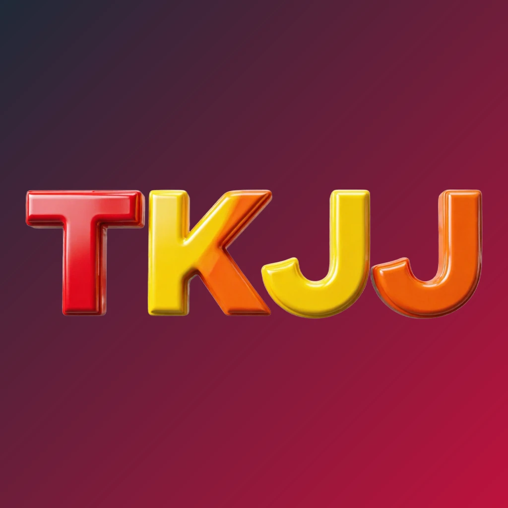 Vibrant TKJJ logo with bold heavy typography in bright red, yellow, and orange colors featuring a glossy 3D effect, designed as a wide horizontal rectangular wordmark for website headers on a transparent background