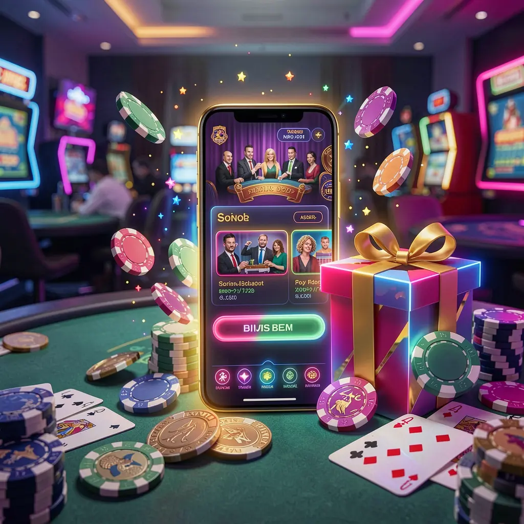 Modern casino website hero scene featuring a smartphone with glowing interface surrounded by bonus gift box, chips, coins, and playing cards in premium neon casino style, showcasing TKJJ's responsible gaming focus